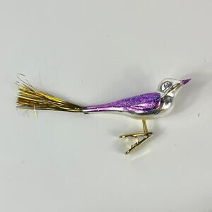 Vtg Glass Bird Christmas Ornament Mouth Blown Purple Gold Glitter Clip-On Tinsel